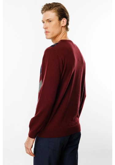 Desen Triko Erkek Sıfır Yaka Önü Baklava Desenli Kazak 24511 Bordo Bordo