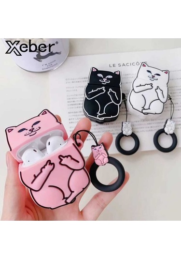 İphone 1/2. Nesil Uyumlu Koruyucu Bluetooth Kulaklık Kılıfı Figürlü Kedicik Airpods 1/2. Nesil