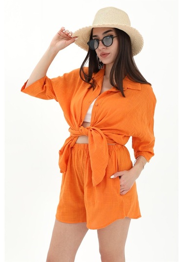 Pamuk Keten Şort Gömlek Kadın İkili Takım - Turuncu-turuncu Turuncu
