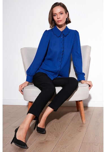 Lela Yaka Detaylı Regular Fit Şifon Bayan Gömlek 61114410 Saks-Lacivert