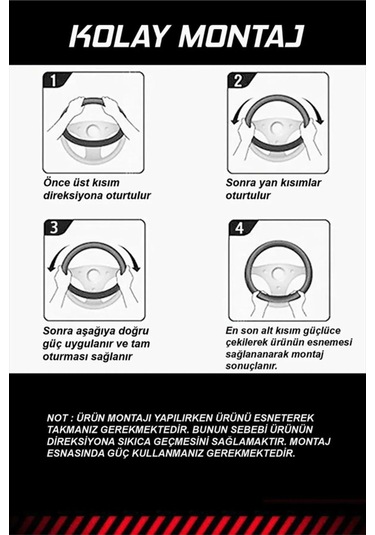 Direksiyon Kılıfı Siyah Geçmeli Tüm Araba Taksi Minibüse Uygun 37-42cm Siyah