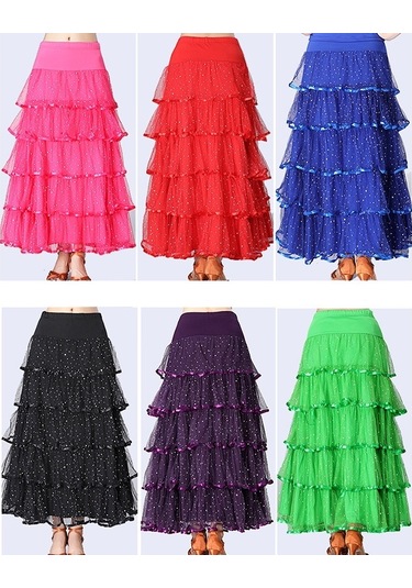 Sones Pullu Salıncak Modern Dans Uzun Etek Yarışma Kostümü Kırmızı