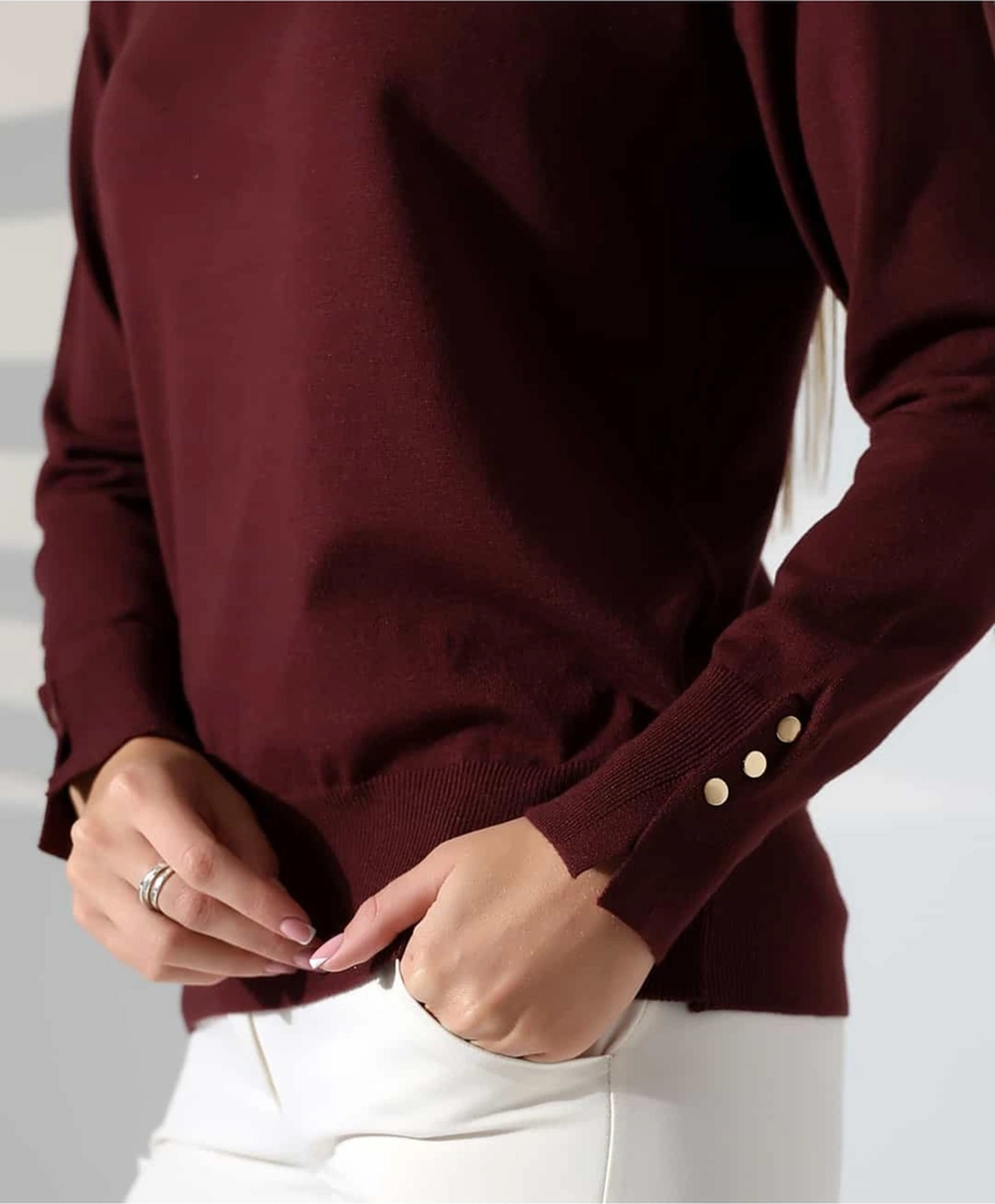 Gündelik Şıklık Kol Düğme Detay Triko Kazak Bordo