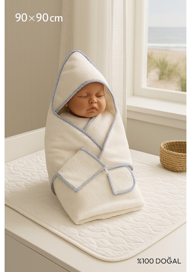 Organik Havlu Kundak Set - Bebek Banyo Havlu Set Mavi