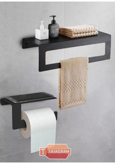 Dione Store Metal Banyo Havlu ve Tuvalet Kağıdı Askılığı 2'li Set Siyah