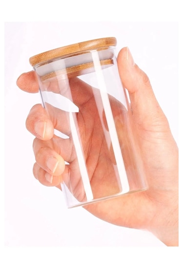 12 Adet Vakumlu Bambu Kapaklı Borosilikat Baharatlık, Saklama Kabı, Çerezlik 200 Ml Şeffaf Cam