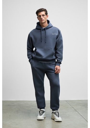 MARSHALLHOODIE Erkek Pamuklu İçi Polarlı Nakışlı Relaxed Koyu Gri Eşofman Takımı