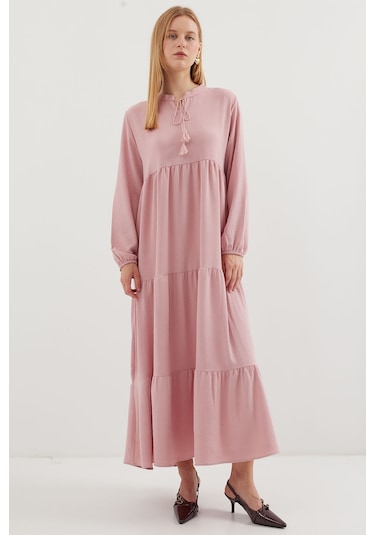 Bigdart 1627 Yaka Bağcıklı Tesettür Elbise - A. Pembe 001