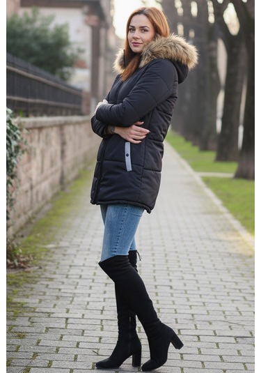 Kışlık Kapüşonu Suni Kürklü Şık Orta Boy Kadın Siyah Mont Siyah