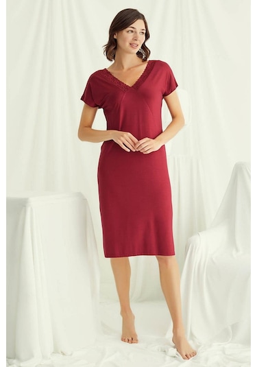 Monamise 18518 Kadın V Yaka Dantelli Düğmeli Kısa Kollu Gecelik-kırmızı Kırmızı