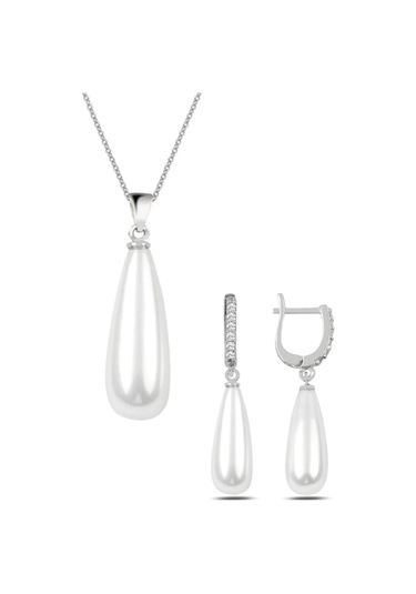 Gümüş Uzun Damla Model Kolye Küpe Inci Set