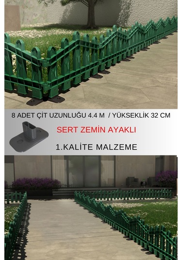 Dekoratif Plastik Alan Oluşturma Ve Bahçe Çiti 8 Adet Çit Y: 32 Cm / G: 4.4 M Sert Zemin Ayaklı - Yeşil