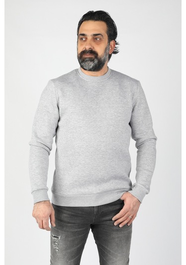Erkek Sıfır Yaka Ribanalı Sweatshirt Gri