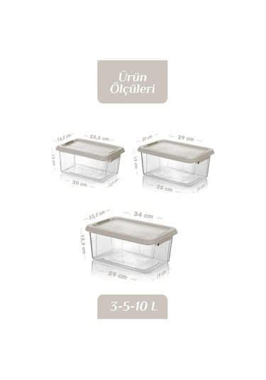 3'lü Kilit Kapak 3-5-10 Lt Erzak Saklama Kabı Çok Amaçlı Düzenleyici Kutu Deterjan Un Bakliyat Kabı Bej