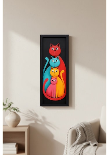 Modern Renkli Kedi Tablosu 25x60 Cm Çerçeveli Minimal Duvar Dekoru