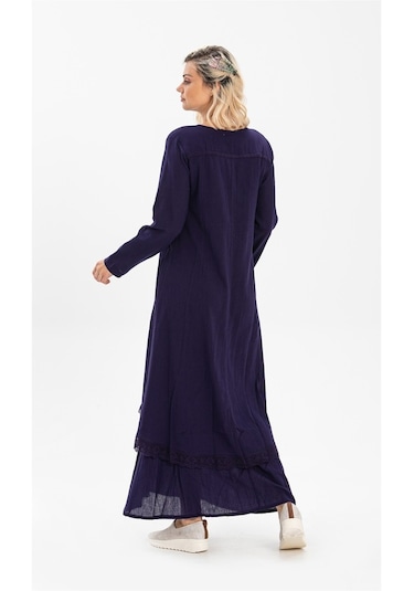 Uzun Kol Şile Bezi Nervürlü Uzun Elbise Mor