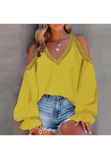 Vonda Kadın Vintage V Yaka Fener Uzun Kollu Omuzdan Bağlamalı Dantel Bluzlar Sarı Vonda Kadın Vintage V Yaka Fener Uzun Kollu Omuzdan Bağlamalı Dantel Bluzlar Sarı