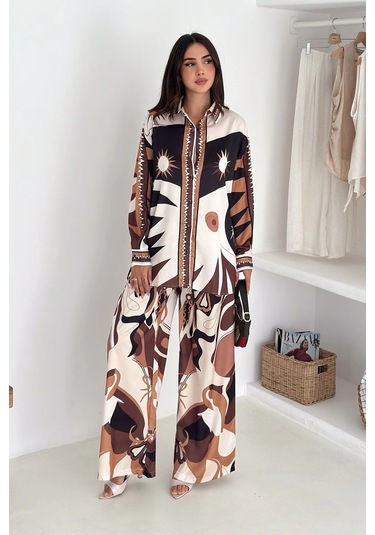 Modal Saten Kumaş Desenli Takım Kahverengi Kahverengi