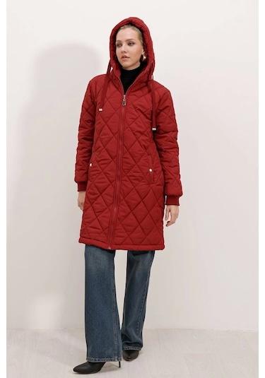 5138 Kapitone Uzun Şişme Mont - Bordo Bordo