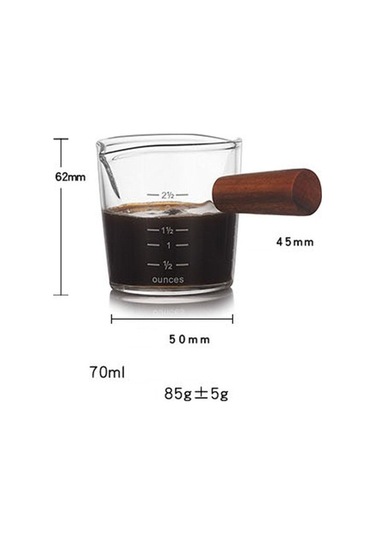 Pazly Isıya Dayanıklı Cam Ölçüm Kabı Süt Fincanı Ölçekli Mutfak Jigger Espresso Kahve İçin Çift Ağızlı Ons Fincan Ahşap Saplı 70ml Şeffaf
