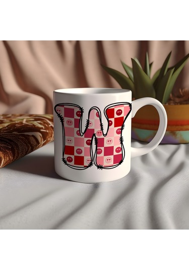 W Harfi Pembe Kareli Kalpli Göz Emojili Kupa Bardak Eğlenceli Kareli Tasarım Kahve Çay Kupası 07 Beyaz