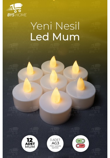 12 Adet Sarı Işıklı Led Mum El Mumu Tealight Piller Dahil Kullanıma Hazır Sarı Günışığı