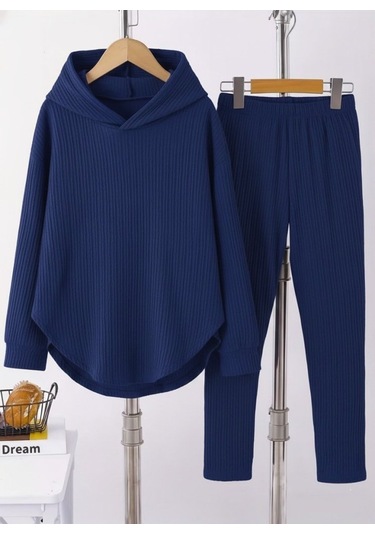 S-pazarım Kadın Uzun Kollu Kapşonlu Meloni Bluz Ve Pantolon Ikili Takım Lacivert