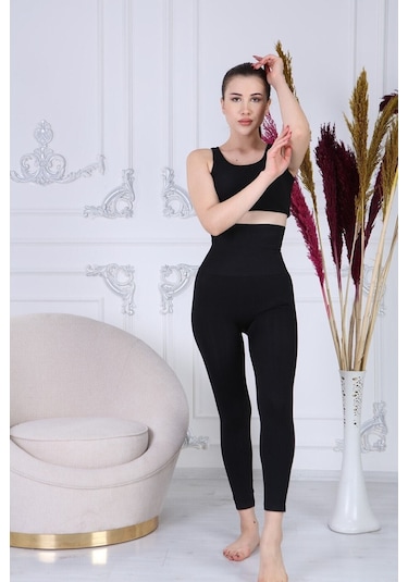 Iki Beden Extra Yüksek Bel Lazer Kesim Siyah Korse Tayt SiYAH