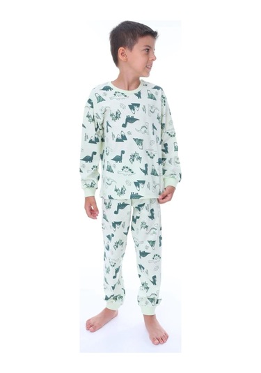 Erkek Çocuk Dinazor Desenli Uzun Kollu Pijama Takımı-901 Yeşil