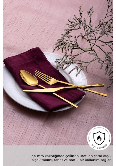 Emsan Alba 18 Parça 6 Kişilik Parlak Gold Tatlı Kutulu Çatal Kaşık Bıçak Takımı Gold