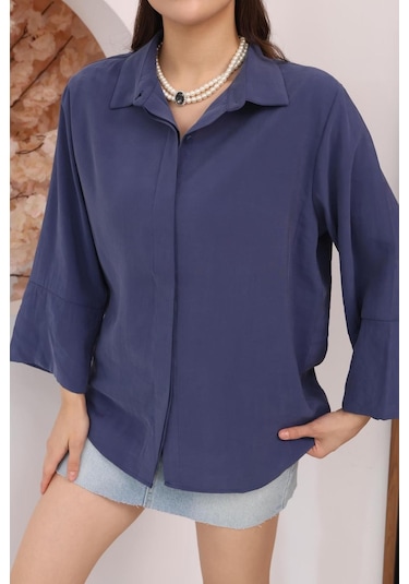 Kadın Slim Fit Dar Kesim Vücuda Oturan Uzun Kollu Lacivert Gömlek