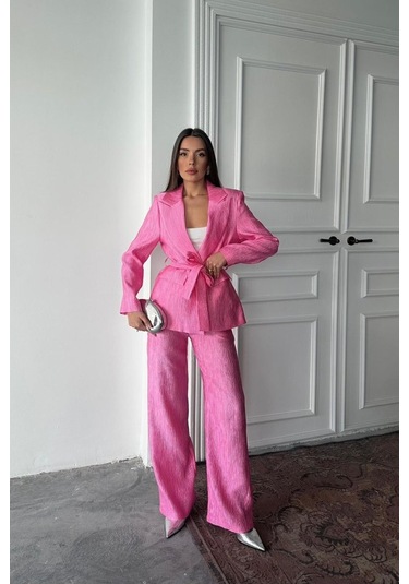 Pembe Beli Kuşaklı Ceket Ve Pantolon Parlak Takım Pembe