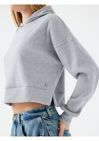Long Crop Kadın Sweatshirt Gri Melanj