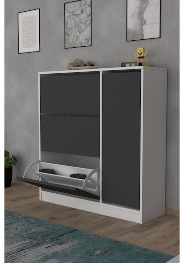 Milano 3 Kapaklı Kayar Raflı Dolaplı Ayakkabılık Antrasit Gri Antrasit - Beyaz