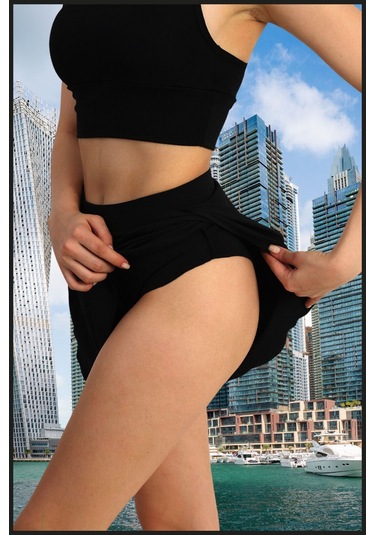 Kadın Beyaz Deniz Havuz Şortu Etek Görünümlü Yırtmaçlı Şık Model İçte Bikini Slip 1108 Siyah