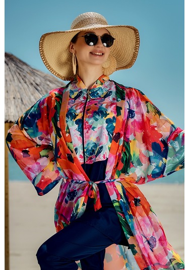 Remsa Tesettür Mayo Üzerine Tek Kaftan Kimono Pareo Lacivert02 Rp030 Flowers Lacivert