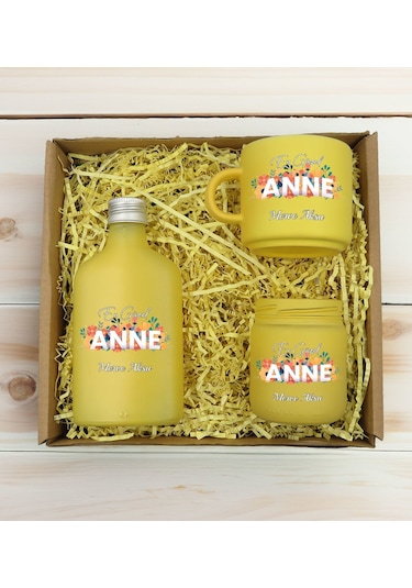 Bk Gift Kişiye Özel İsimli Dtf Anne Temalı Sarı Kahve Fincanı & Kolonya & Mum Hediye Seti-2, Anneye Hediye, Anneler Günü Hediyesi Kobitmeyencom30976 B