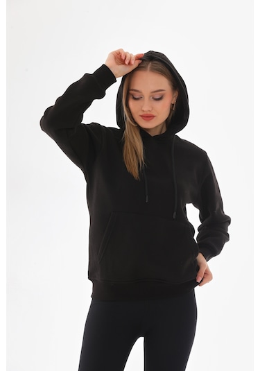 Everest Everst Kapüşonlu 3 İplik Şardonlu Kanguru Cepli Sweatshirt Siyah