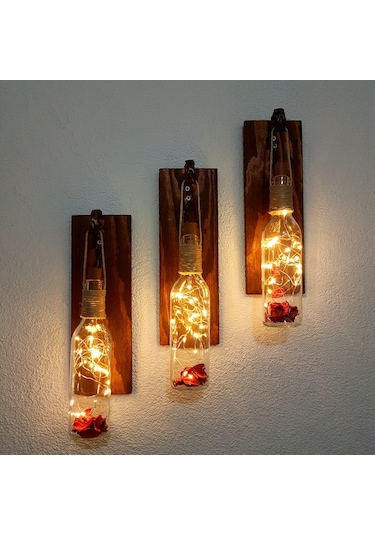 Led Işıklı, Ceviz Renkli Duvar Aplik, 3’Lü Set