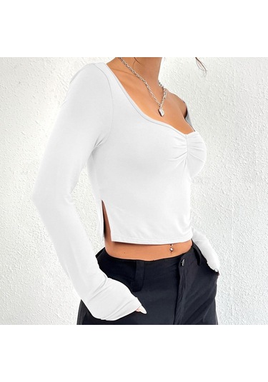 Hnxc Kadın Moda Günlük Yaz Düz Renk Baskı Uzun Kollu U Yaka Bluzlar Ve Gömlekler Beyaz