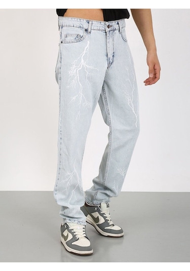 Baggy Önlü Arkalı Şimşek Desenli Buz Mavi Jean-buz Mavi - 33 Buz Mavi