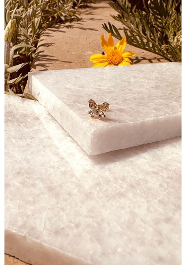 Kurdele Fiyonk Tasarım Zirkon Taşlı Şık Altın Renk Çelik Piercing Tragus Helix Stainless Steel