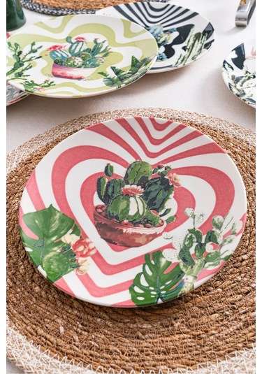 6'lı Kaktüs Desenli Pasta Tabağı Seti 20 Cm - Kahvaltı & Tatlı Sunum Renkli
