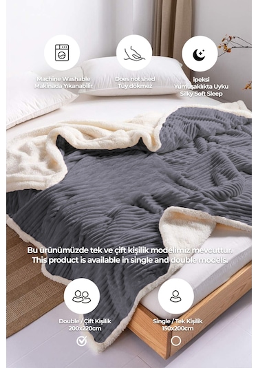 Sherpa Battaniye Çift Kişilik Çizgili Yumuşak Peluş Wellsoft Yatak Örtüsü Antrasit