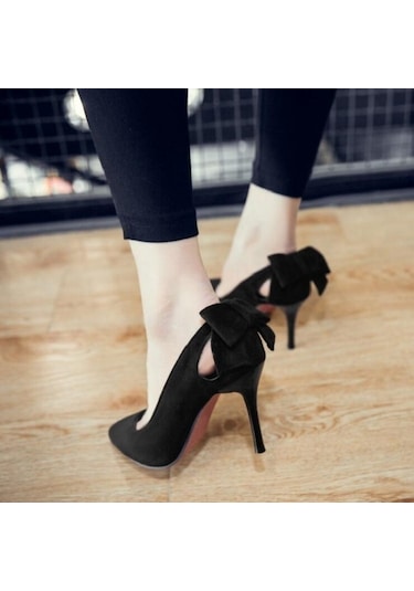 Sones Kadın Ayakkabı Fiyonklu Sivri Uçlu Stiletto Topuklu Ayakkabı Siyah