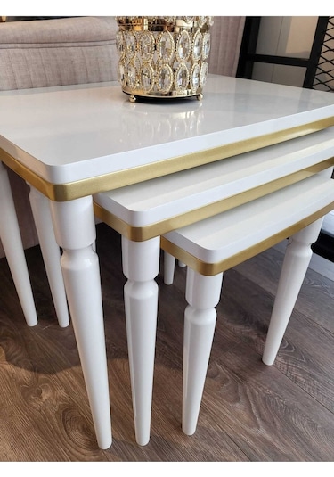 Akset 3lü Lüx Zigon Sehpa Beyaz Gold