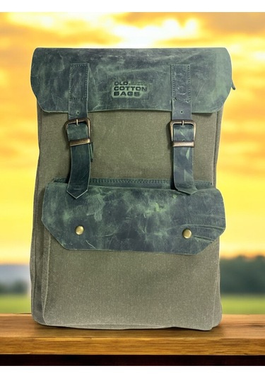Vintage Kanvas Deri Su Geçirmez Unisex Laptop Bölmeli Okul Seyahat Kamp Sırt Çantası 31 Cm X 44 Cm Haki