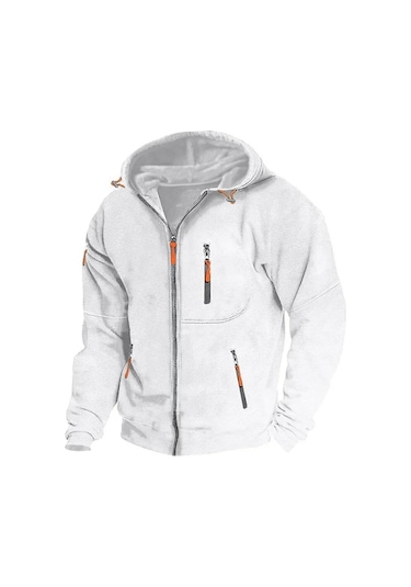 34 Erkek Kapüşonlu Çok Cepli Fermuarlı Sweatshirt Beyaz