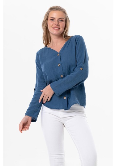 Uzun Kol Sedef Yazlık Müslin Gömlek İndigo İndg-indigo İndigo