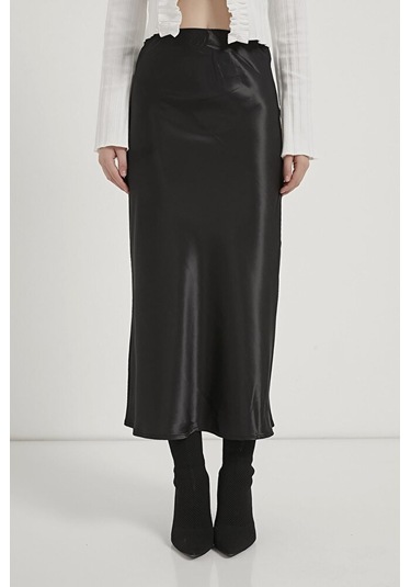 Kadın Beli Lastikli Likralı Midi Boy Parlak Saten Etek Siyah